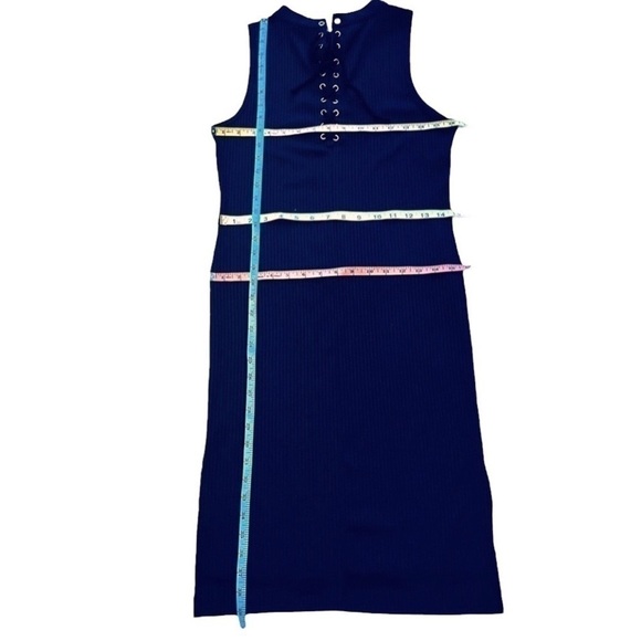 X BY GOTTEX Navy Blue Ribbed Sleeveless Lace Up Shift Midi Dress Size L - Picture 10 of 12